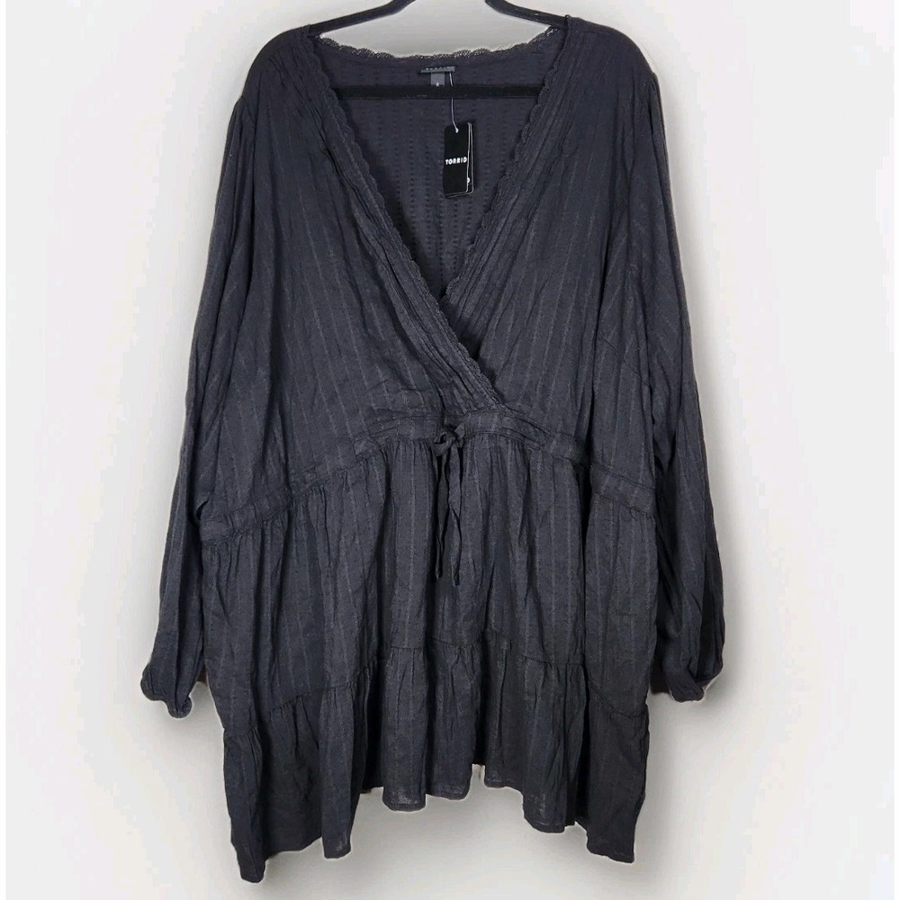 Torrid Women 6X Black Babydoll Surplice Tiered Top Cover Tie Front Coastal Beach